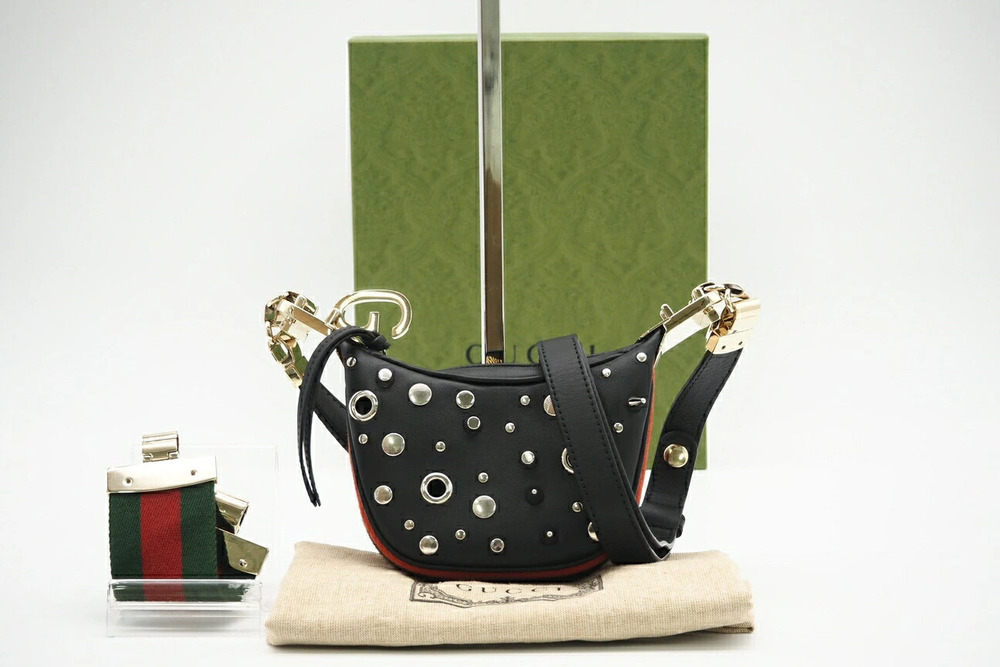 Gucci leather studded shoulder bag Black Gold Silver